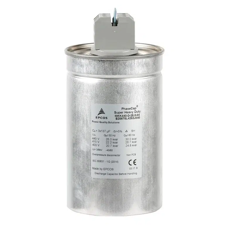 TDK EPCOS PhaseCap Energy Plus Super Heavy-Duty Round/Cylindrical Capacitor 1 KVAr, 440 V AC, 3 Phase, 50 Hz | B25675L4012J40